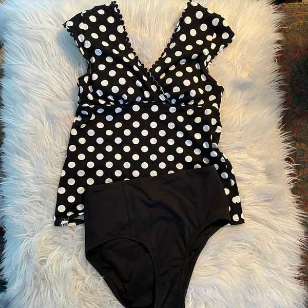 Lands End Cap Sleeve Surplice Tankini Swimsuit Black White Dots Preppy womens 2 - Image 4
