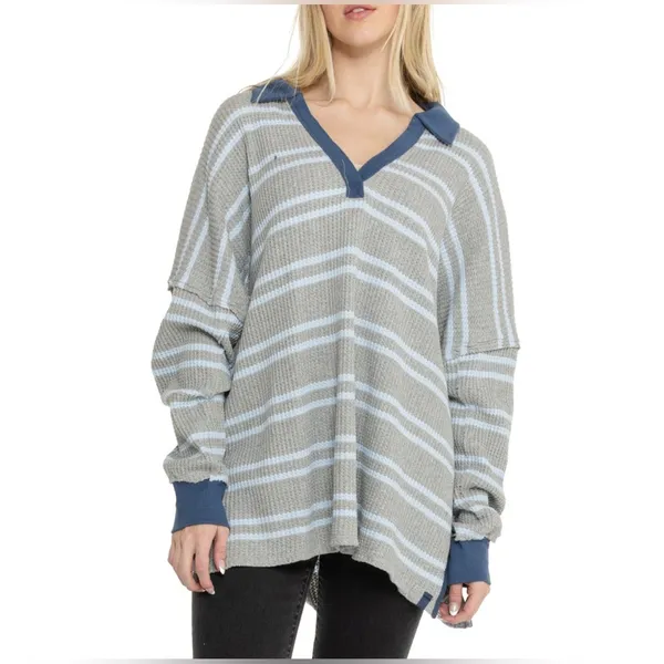 Free People Striped Travis Polo Shirt - Long Sleeve (gray combo) - Image 2