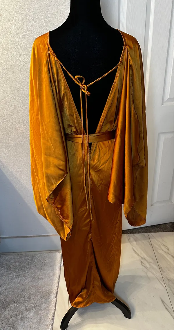 Anthropologie Dress Kaftan Satin Tie Front Gold - Image 4