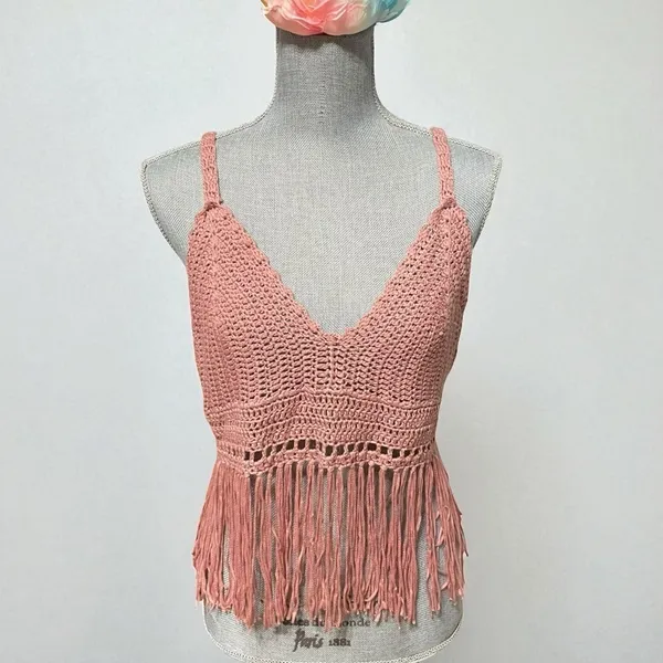POL Crochet Fringe Crop Top Bralette – Boho Festival Tank, Dusty Rose Pink, Sz L - Image 2