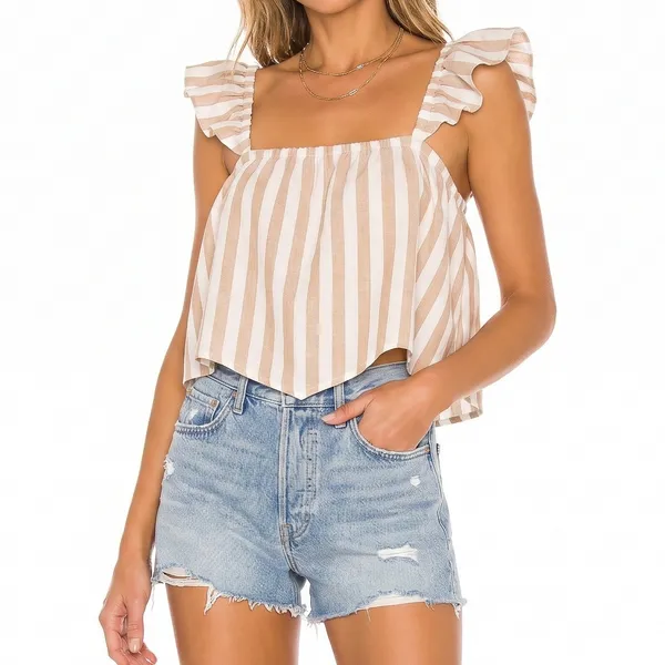 English Factory Crop Top Tan White Striped Ruffle Strap Womens Medium NEW - Image 2