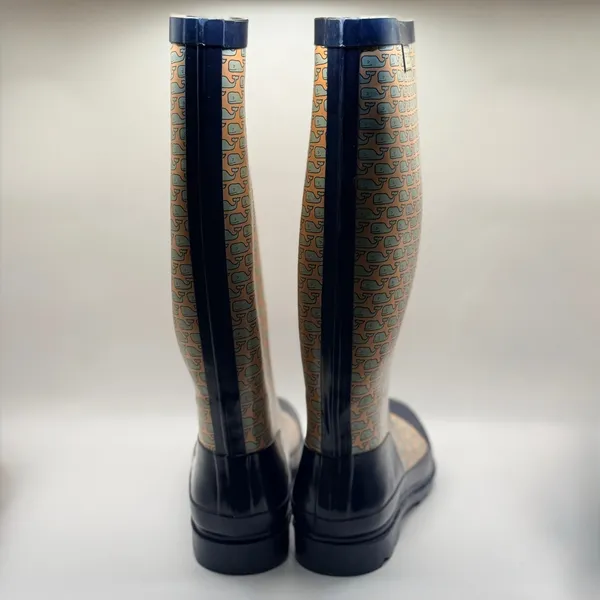 Vineyard Vines Womens Whale Print Rain Boots Navy Blue Orange Rubber Tall Size 5 - Image 2