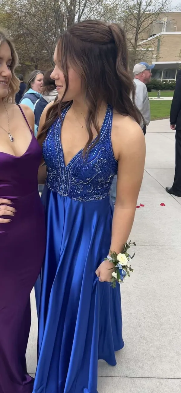 Beaded Silk Prom Dress Blue Size M - Image 2