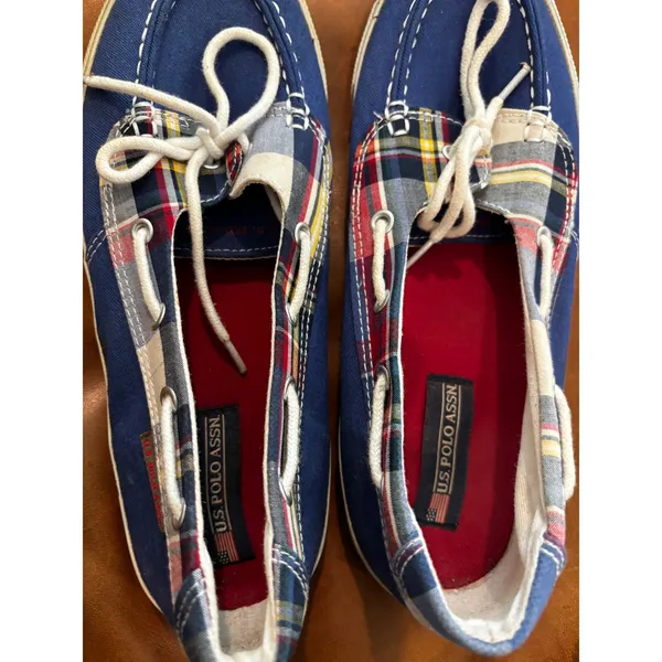 U.S. Polo Assn Boat Shoes 8.5‎ Blue Plaid Canvas Nautical Preppy Loafers JTA3489 - Image 5