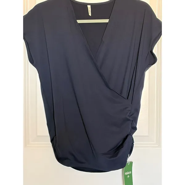 Halara Navy Blue Short Sleeve V-Neck Ruched Faux Wrap Top Small NWT - Image 2