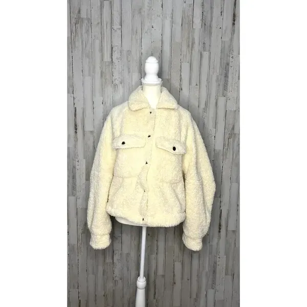 We The Free Teddy Swing Jacket‎ Ivory Size M Cropped Button Front Cozy Casual - Image 2