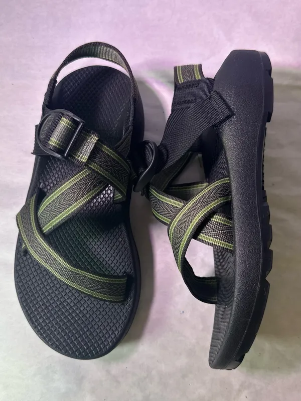 Chacos Black Sandal with Olive and Tan Striped Webbing - Image 7