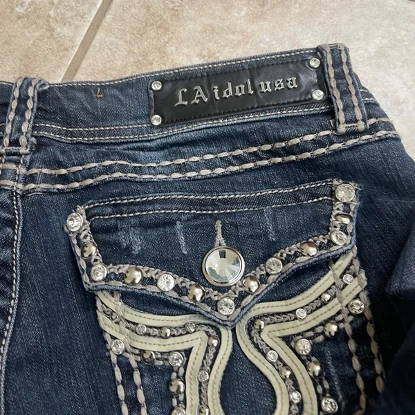 LA Idol USA Womens Embellished Bootcut‎ Jeans Dark Wash Size 9/31 EUC bling boot - Image 8