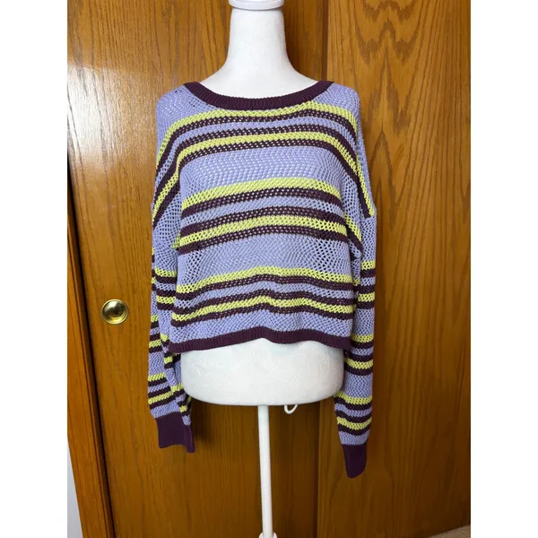 Anthropologie Striped Open Knit Cropped Sweater Open Back Tie purple L - Image 3