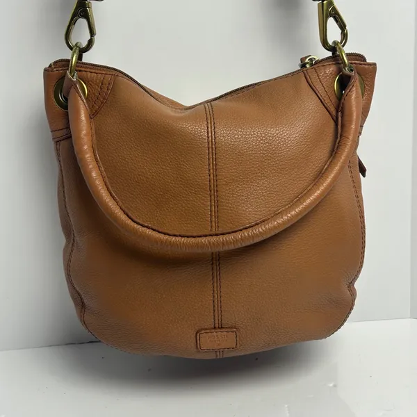 Fossil Cognac Brown Pebbled Leather Hobo Crossbody Bag Antique Brass Hardware - Image 2