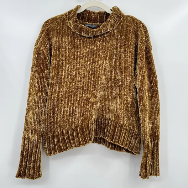 Women's Sweater Velvet Chelsea & Theodore Mock Mustard Yellow Brown Crop Relax - Image 2
