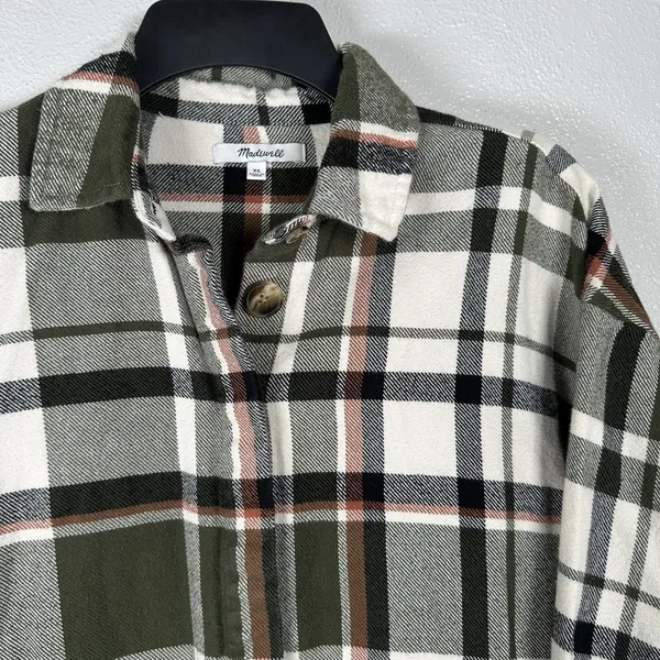 Madewell Flannel Bromley Plaid Shirt Womens Size XS‎ Green Cream Cotton Buttons - Image 2