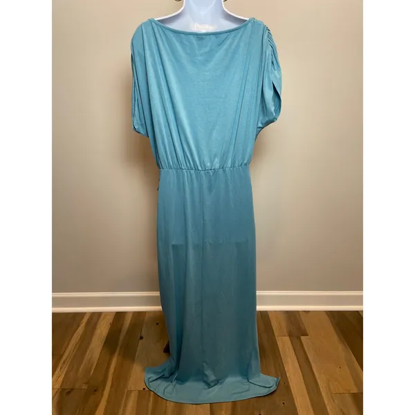 ANRABESS Maxi Dress Size M Turquoise Blousy Top Ruched Side Asymmetrical Slit - Image 2