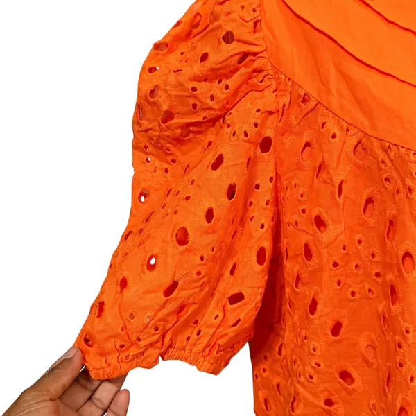 Orange Eyelet Cotton Puff‎ Sleeve Ruffle Neck Button Front Blouse Top Small - Image 3