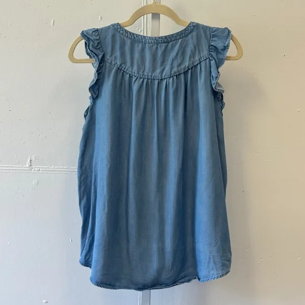 LOFT Blue Lyocell Chambray Ruffle Sleeve Henley Blouse Top Large Casual Office - Image 2