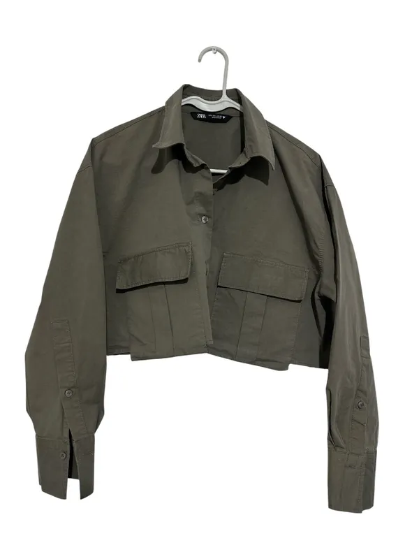 Zara Olive Green Utility Cargo Cropped Button Down Shirt L Large Shacket - Image 2