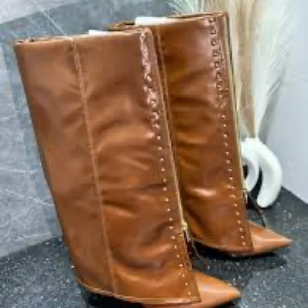 Source Unknown Elegant Brown Leather Women's Boots brown knee high boots with studded details - Image 2