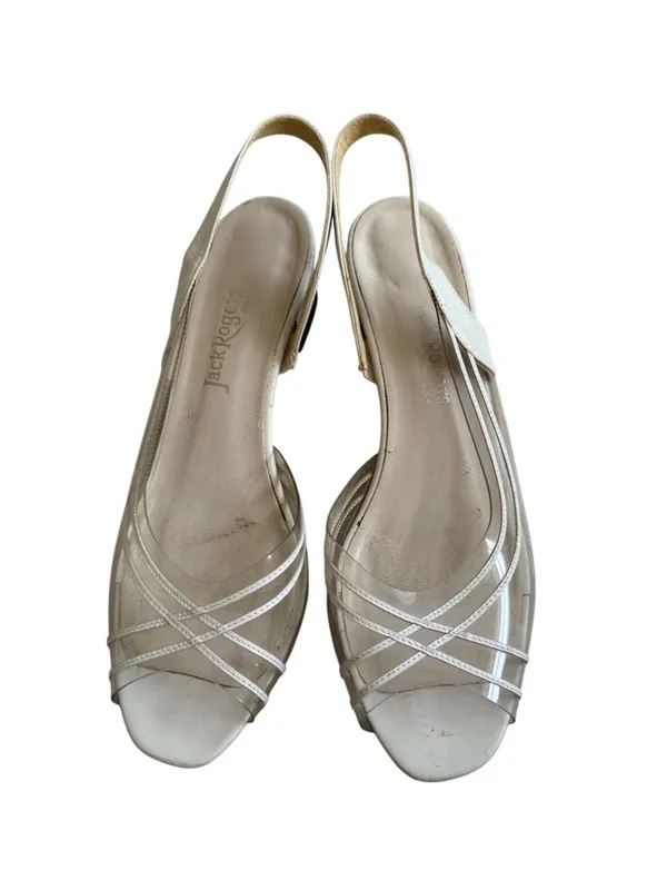 JACK ROGERS Vintage Cream Leather Kitten Slingback Heels Size 8 - Image 9
