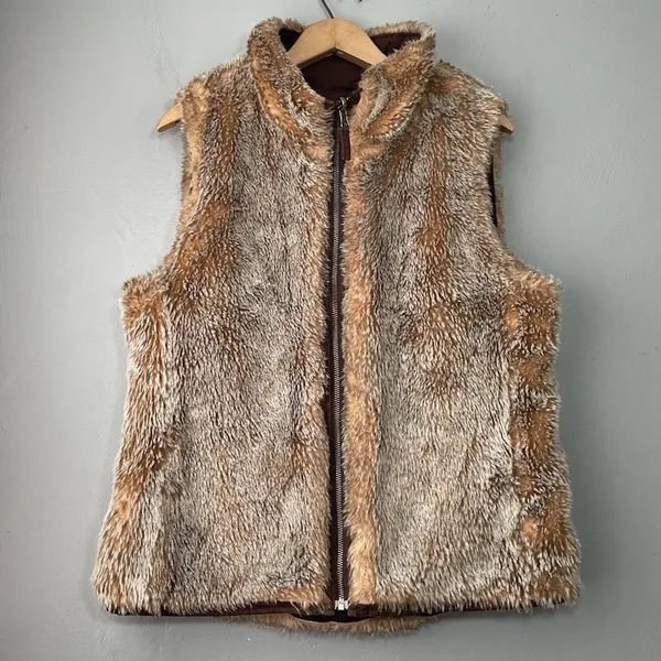 Y2K Gap Reversible Vest Chocolate Brown Faux Fur Womens Size Medium Gilet Boho - Image 3