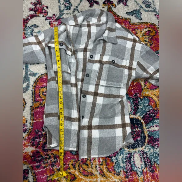 Plaid flannel shacket button down Tan - Image 5