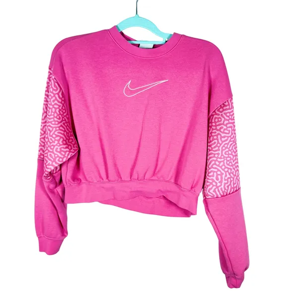 Nike Club‎ Fleece Sweatshirt Womens S Pink Cropped Graphic Sleeve Streetwear - Image 2
