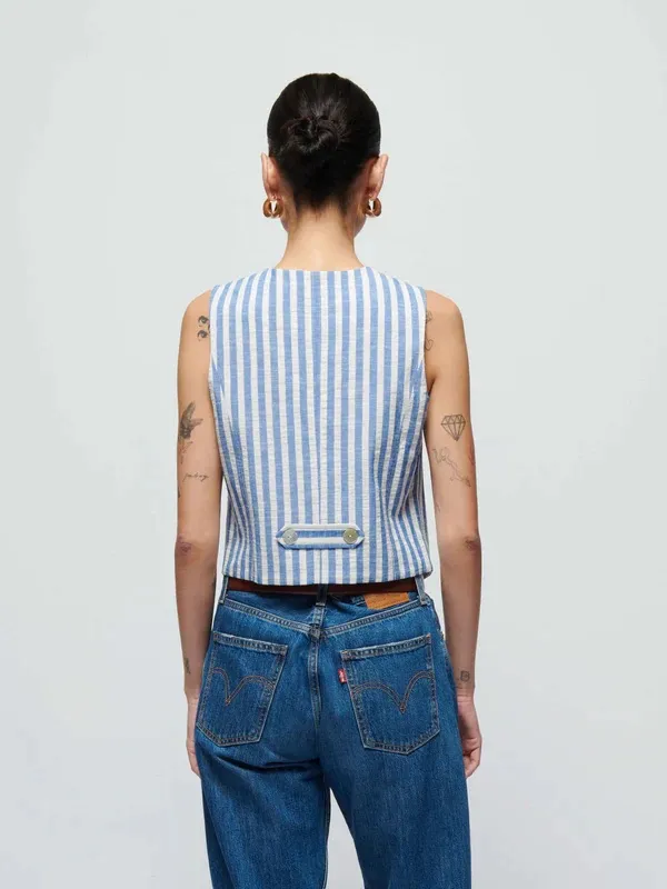 Nation Anthropologie, Los Angeles Blue and White Striped Button Vest, Size XS - Image 3