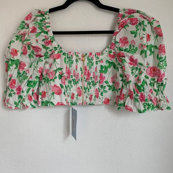 NWT Hill House Home Puff Sleeve Floral Bow Crop‎ Top in White/Pink - Image 4