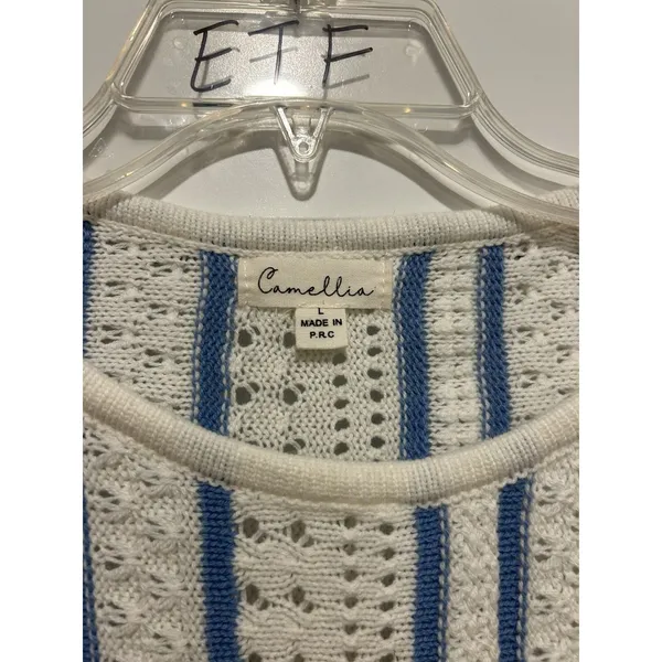 White Blue Striped lightweight Sweater Size Large Open Nautical Beach Game Day - Image 2