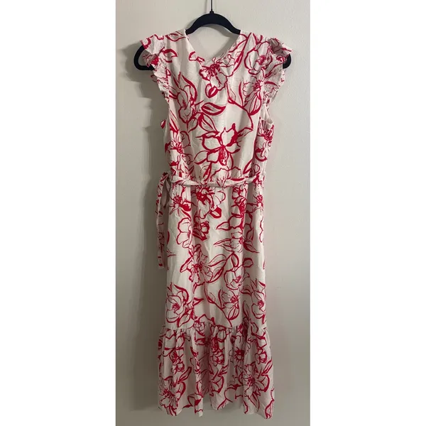 Sam‎ Edelman Petal Sketch V-Neck Maxi Dress Red White Floral Ruffle Size 10 NEW - Image 4