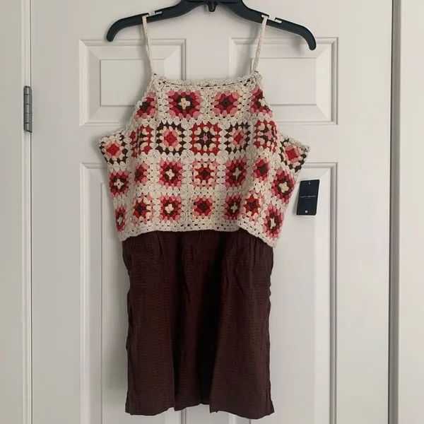 Lucky Brand Crochet Romper Pink Granny Square Boho Coachella Festival Size M NWT - Image 4