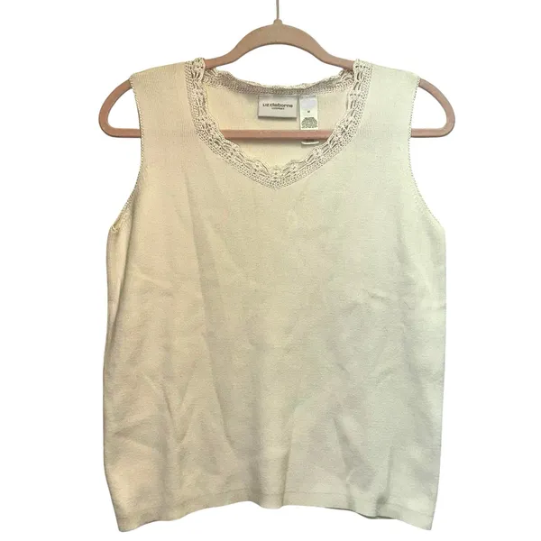 Liz Claiborne LizSport Ivory Sweater Tank‎ Top Medium Crochet Trim Sleeveless - Image 2