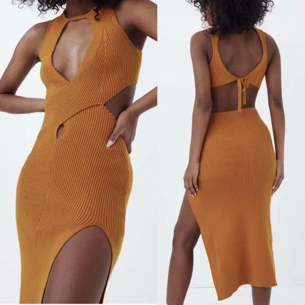 NWT For Love & Lemons Maggie Midi Knit Dress In Orange Size S Small - Image 9