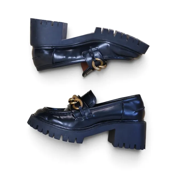 Zara Platform Penny Loafers Black Chunky Academia Vegan Leather Gold Chain 36 - Image 3