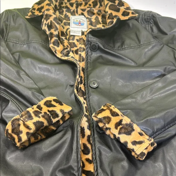 Leopard Print Lined Black Bomber Jacket Size L - Image 2