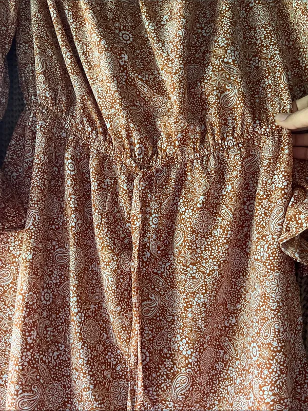 Blush Rust Paisley Off-Shoulder Midi Dress with Tassel Tie - Image 5