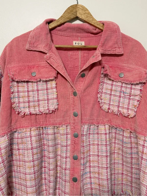 POL Pink Tweed Shirt Jacket Size Medium Shacket Patchwork Boho - Image 4