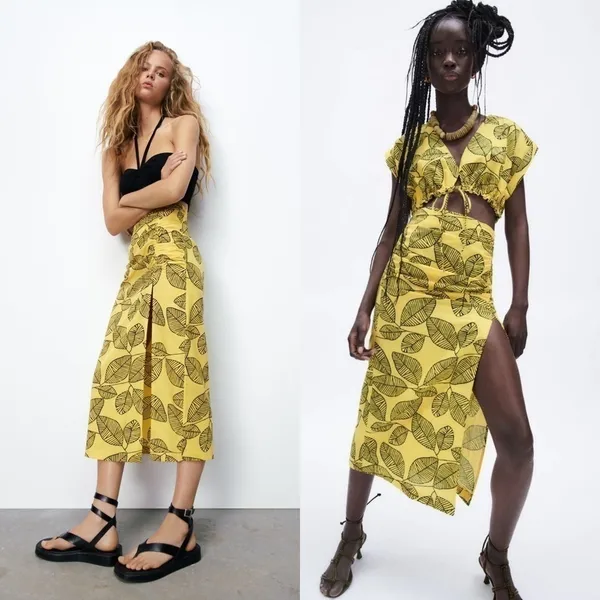 Zara Printed Linen Blend Leaf Midi Skirt Yellow Black‎ XS NWT - Image 9