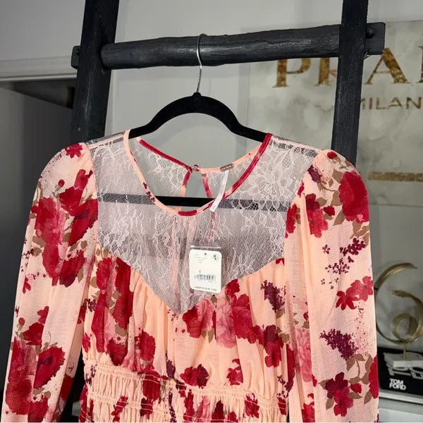 Free People Daphne Floral Lace Smocked Long Sleeve Blouse Romantic Combo Size XS - Image 4