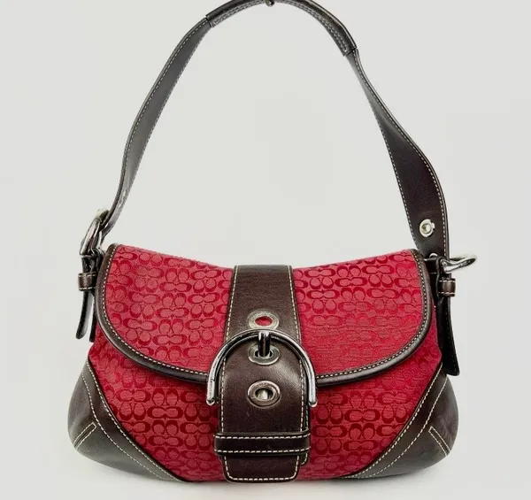 RARE Vintage Coach Mini Soho Signature Red Jacquard Brown Leather Flap Buckle Shoulder Bag - Image 2