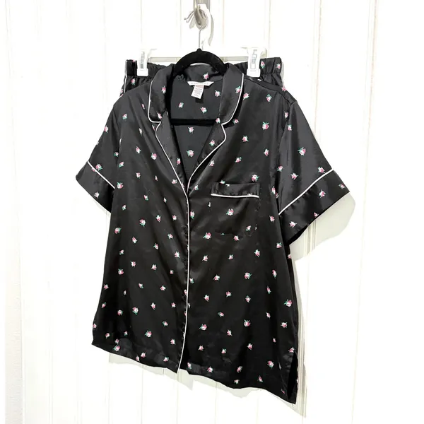 Victoria's Secret Black Satin Rosebud Floral Short Pajama Set Size M Pink Piping - Image 4