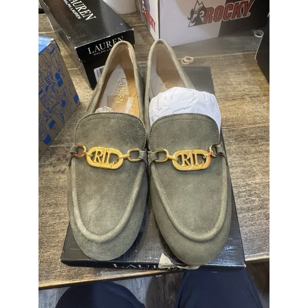 Lauren Ralph Lauren Averi Suede Slip On Loafers Size 5 Classic‎ Olive Monogram - Image 12