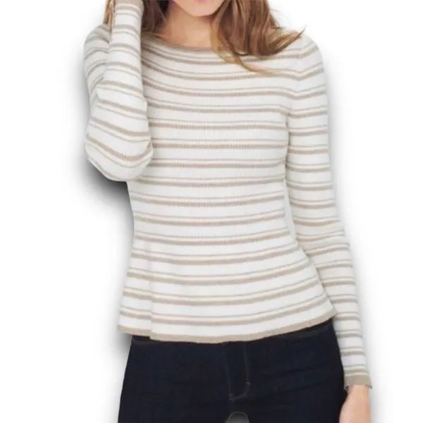 White House Black Market Cream Tan Striped Peplum Ribbed Knit Sweater Size Small - Image 7