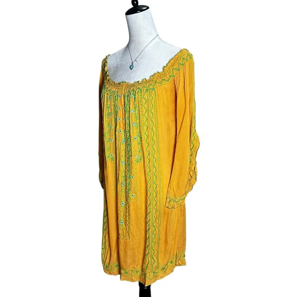 Poupette St. Barth Yellow Embroidered Off Shoulder‎ Smocked Resort Mini Dress - Image 5