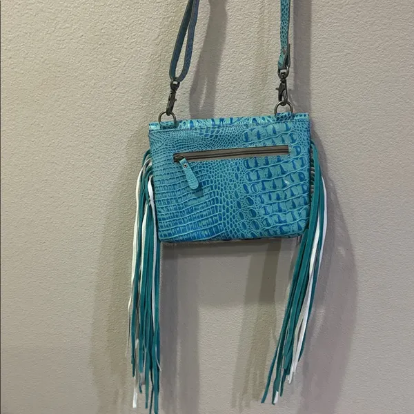 Myra Bag Turquoise and Brown Fringe Crossbody - Image 8