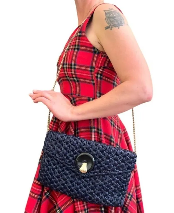 Vintage Navy Blue Woven Straw Envelope Clutch Purse Shoulder Bag - Image 2