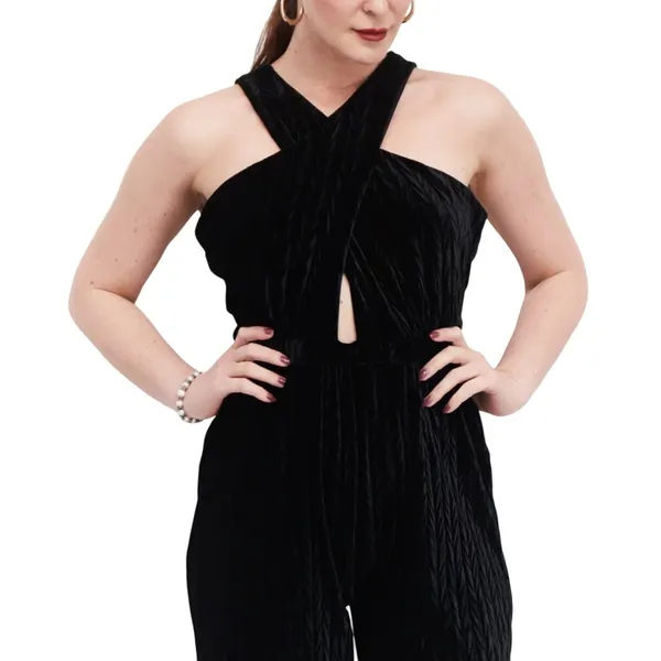 Sadie & Sage Textured Velvet Halter Jumpsuit Keyhole Crisscross Medium Glam - Image 10