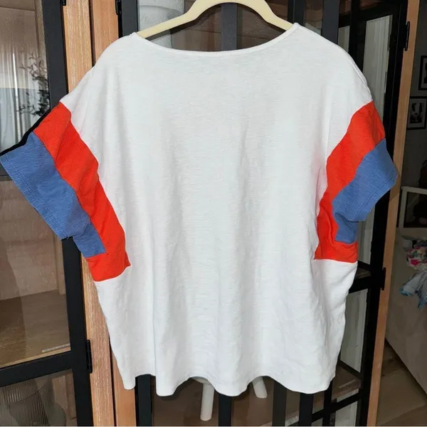 Anthropologie Hailey & Co oversized tee knit patchwork statement sleeves cobalt cap top - Image 3