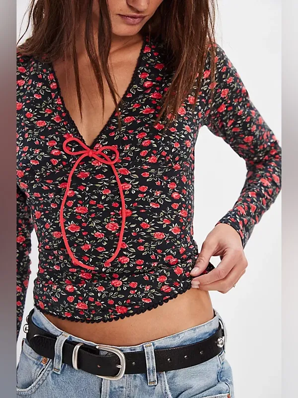 Free People Abundance Long Sleeve Top Black Floral Size Medium NWOT - Image 2