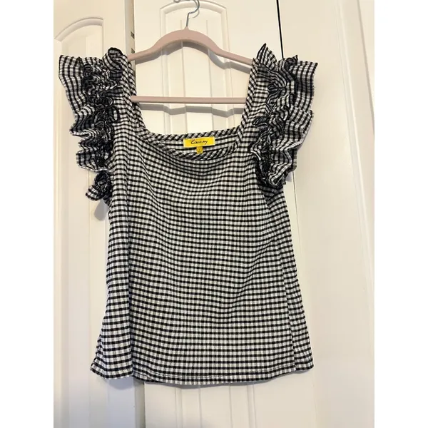 Gingham‎ Checkered Ruffle Top By Circus NY Size L Black Size L - Image 3