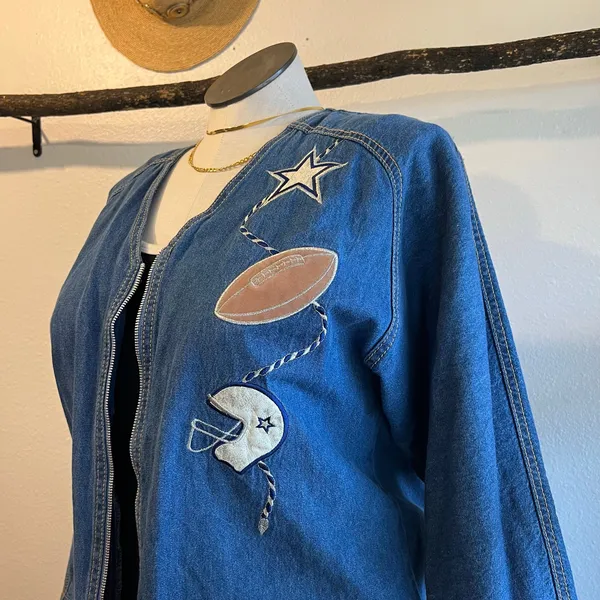 Vintage Denim Cotton Zip Up Sports Football Embroidered Jean Shirt Size Large - Image 10